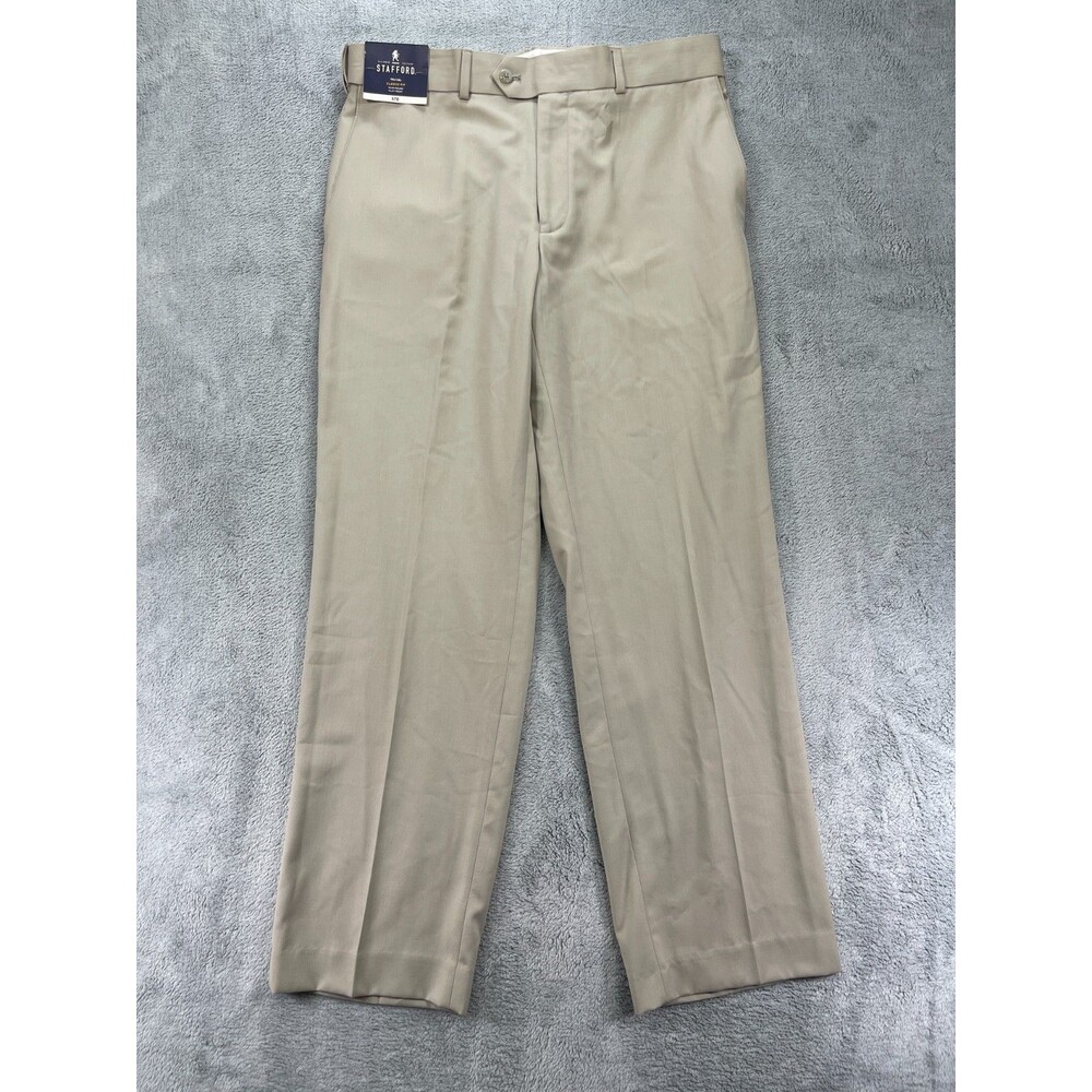 Stafford Travel Dress Pants Mens 34x30 Beige Classic Fit Year Round Flat Front